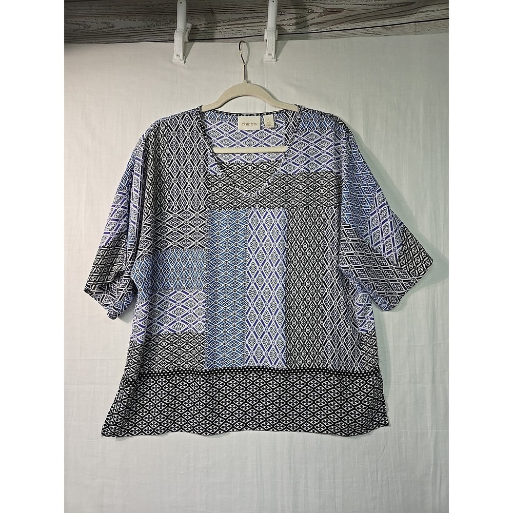 Chico's Women's Geo Colorblock Blouse Top Blue Black Size 1 (Med 8) Oversized